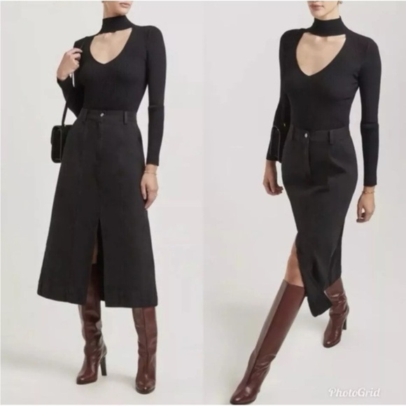 MARA HOFFMAN Nikita NWOT Black Denim Midi‎ Skirt size 2 100% Organic Cotton - Picture 1 of 9
